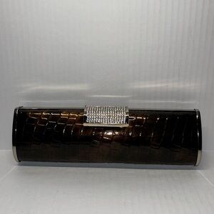 Brown Croc-Embossed Rhinestone Clasp Clutch